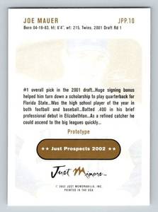 lot 59D image: Joe Mauer Minor League Card 2002 Just Minots #JPP.10 Minnesota Twins Baseball Card
