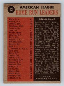 lot 60D image: 1962 Topps AL HR Leaders #53 - Mickey Mantle, Roger Maris, Harmon Killebrew Vintage Baseball Card