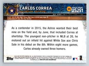 lot 64D image: Carlos Correa RC 2015 Topps Update #US251 Rookie Minnesota Twins Baseball Card