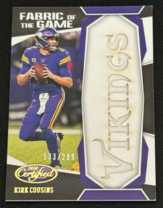 lot 8A image: Kirk Cousins Relic 299 - 2020 Certified Fabric of the Game #FG-KC numbered 133299 Minnesota Vikings Football Card
