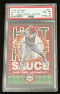 lot 16A image: Mike Trout PAS 10 Gem Mint 2021 Mosaic Hot Sauce Green #HS1 Baseball Card