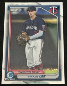 lot 23A image: Brooks Lee Blue Refractor 499 2024 Bowman Chrome #BC-143, numbered 125499, Minnesota Twins Baseball Card