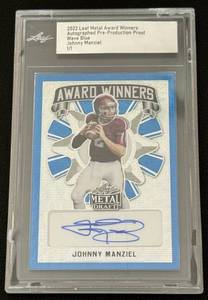 lot 26A image: Johnny Manziel 11 Auto Pre-Priduction Proof 2022 Leaf Metal Award Winners Wave Blue Football Card