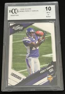 lot 59A image: Percy Harvin RC BCCG 10 Gem Mint 2009 Score #383 Rookie Minnesota Vikings Football Card