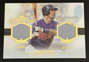lot 9D image: Joe Mauer Dual Relic 99 2013 Topps Signature Swatches Tribute #SS-JM, game used numbered 6899, Minnesota Twins Baseball