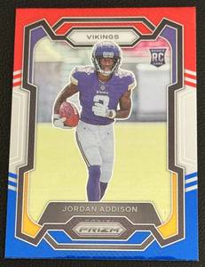 lot 48D image: Jordan Addison RC 2023 Prizm #368 Red, White, and Blue Rookie Minnesota Vikings Football Card