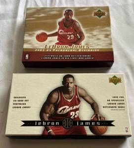 lot 100E image: LeBron James (2) Card Set Boxes (no cards) - 2003-04 Upper Deck Phenomenal Begonning and 2003 32 Card Exclusive Boxed Set