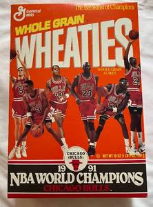 lot 21F image: Michael Jordan Chicago Bulls 1991 NBA World Champions Wheaties Box (empty) - Basketball