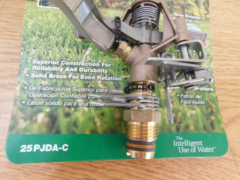 lot 53 image: (7) Rain Bird 25PJDAC Riser-Mounted Brass Impact Sprinkler, Adjustable 20-41 ft.