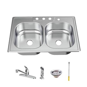 lot 71 image: New Glacier Bay 33 in. Drop-In 5050 Double Bowl 20 Gauge Stainless Steel Kitchen Sink with Faucet
