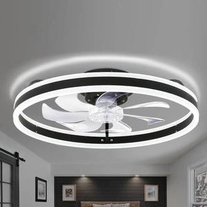 lot 35 image: (2) 20in. LED Indoor Black Bladeless Low Profile Ceiling Fan Flush Mount Smart App Remote Control Dimmable Lighting