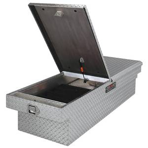 lot 77 image: Jobox 70 in. Diamond Plate Aluminum Full Size Dual Mid-Lid Crossover Truck Tool Box with Gear-Lock Latch
