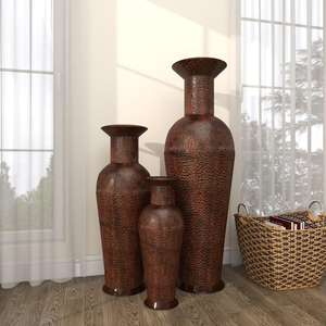 lot 139 image: 50 in., 35 in., 26 in. Brown Tall Floor Bottleneck Metal Decorative Vase with Bubble Texture and Studs (Set of 3)
