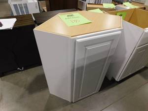 lot 135 image: Hampton 24 in. W x 12 in. D x 36 in. H Assembled Diagonal Corner Wall Kitchen Cabinet in Satin White