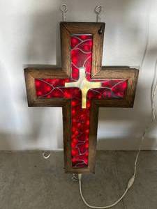 lot 45 image: Beautiful Custom Made Stained Glass  Wood Cross 21 14 x 32