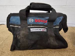 lot 54 image: Small BOSCH tool bag (13 Wide x 8 high) and a Rhino Flex Elbow Fitting with 4-in-1 adpter for connecting to dump station and 42 Aluminum Oak door sill