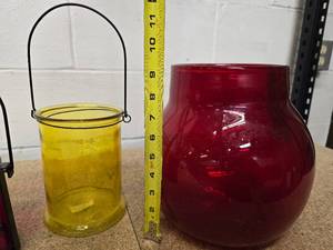 lot 14 image: 3 glass vase lanterns  1 large red vase