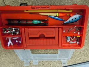 lot 17 image: Kids Wakeman Outdoors fishing tackle box and misc tackel and Kids Paw Patrol Bluetooth Foldable wireless headphones