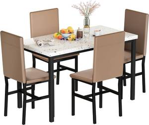 lot 435 image: Lamerge Dining Table Set for 4, Faux Marble Table with 4 PU Leather Chairs