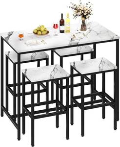 lot 441 image: Syngar Dining Table Set for 4 Marble Bar Kitchen Table With 4 Coushion Bar Stool