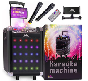 lot 79 image: Karaoke Machine - Portable PA System with Wireless Mics, Subwoofer, Lights, PhoneTablet Holder, Remote