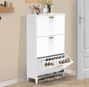 lot 171 image: 3 Drawer Steel Shoe Cabinet, Freestanding&Wall Mounted Shoe Rack Storage Organizer with Flip Door
