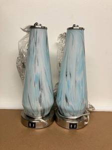 lot 496 image: Modern Blue Glass Bedside Lamps Set Of 2 with 2 USB Ports
