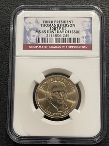 lot 27 image: 2007-P Thomas Jefferson Dollar NGC MS65