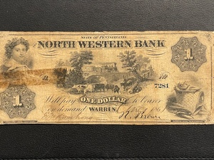 lot 38 image: 1860 $1 Dollar Bill North Western Bank of Pennsylvania
