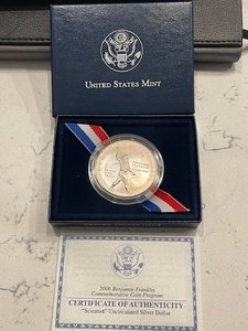 lot 46 image: 2006-P Benjamin Franklin Scientist Silver Dollar