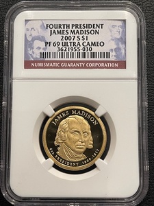 lot 84 image: 2007-S James Madison Dollar Proof NGC PF69 Ultra Cameo