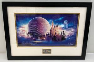 lot 28 image: 17 34 X 24 12 Framed Disneyland Tokyo Epcot Center 25th Anniversary Print & Pin Set Limited Edition 150