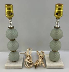 lot 58 image: Vintage Underwriters Laboratories Frosted Blue Lamps With Marble Base