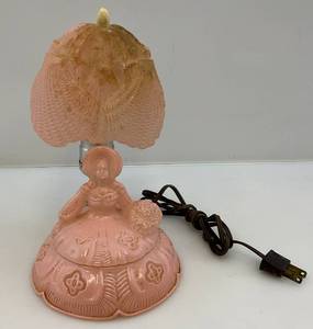 lot 59 image: Vintage Glass Boudoir Lamp Southern Bell Lady PowderTrinket Box Lamp