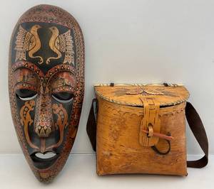 lot 68 image: Large Wood Afican Mask & Birch Bark Basket