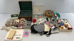 lot 93 image: Misc. Vintage Sewing Items Including Thread, Beads, Buttons & More
