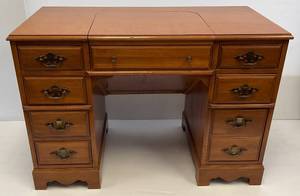 lot 160 image: Vintage Small Wooden 7 Drawer Desk With Pull Out & Dovetail Drawers 43 34 x  30 H x 21 34 W