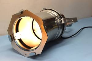 lot 82 image: Stage Light, Spotlight, Limelight Professional Stainless Steel W Light Bulb. Measure Approx. 19 L X 8 Diameter
