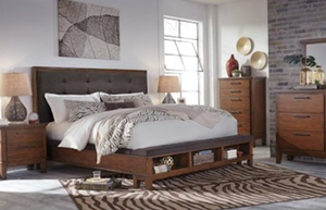 lot 1 image: Ashley Furniture Ralene Upholstered Panel Bed B594-57-54-96- Medium Brown Queen
