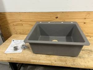 lot 123 image: GLACIER BAY Stonehaven 25 in. Drop-In Single Bowl Black Onyx Granite Composite Kitchen Sink with Black Strainer