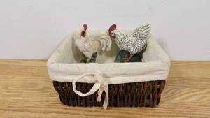 lot 44 image: 9 x 10 x 5 Wicker Basket with Canvas Inlay and 2 Ceramic Roosters