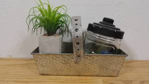 lot 50 image: Small Tin Basket with Marble Jar and 2 Faux Tiny Planters