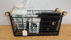 lot 52 image: Small Black Metal Basket with 3 Candle Lanterns and 4 Small Love Picture Frames