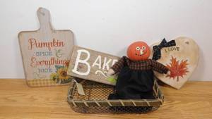 lot 75 image: Metal Mesh Basket with Fall Theme Wall Decor and Pumpkin Person