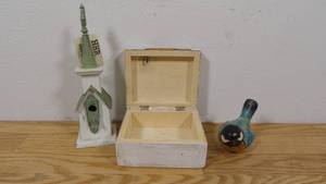 lot 79 image: Wood Jewelry Box, Decorative Bird House, and Wood Carved Bird
