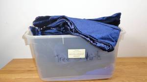 lot 112 image: Bin of 6 Blue Velvet Tree Skirts & Mixed Vinyl Table Clothes