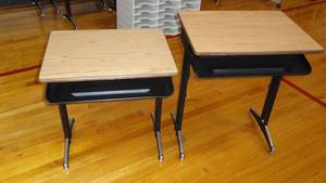 lot 174 image: Pair of 2 Black and Brown Cubby Style School Writing Desk-Adjustable Height