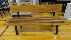 lot 9A image: 60L x 27H Slatted Oak Bench w Iron Feet