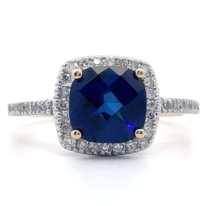 lot 27 image: NEW 0.15 Carat Blue Sapphire & Diamond Halo Ring in 14k Yellow Gold VIDEO