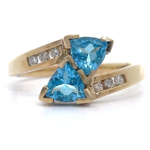 lot 39 image: Trillion Two-Stone Blue Topaz & Diamond Channel Bypass Ring in Yellow Gold VIDEO